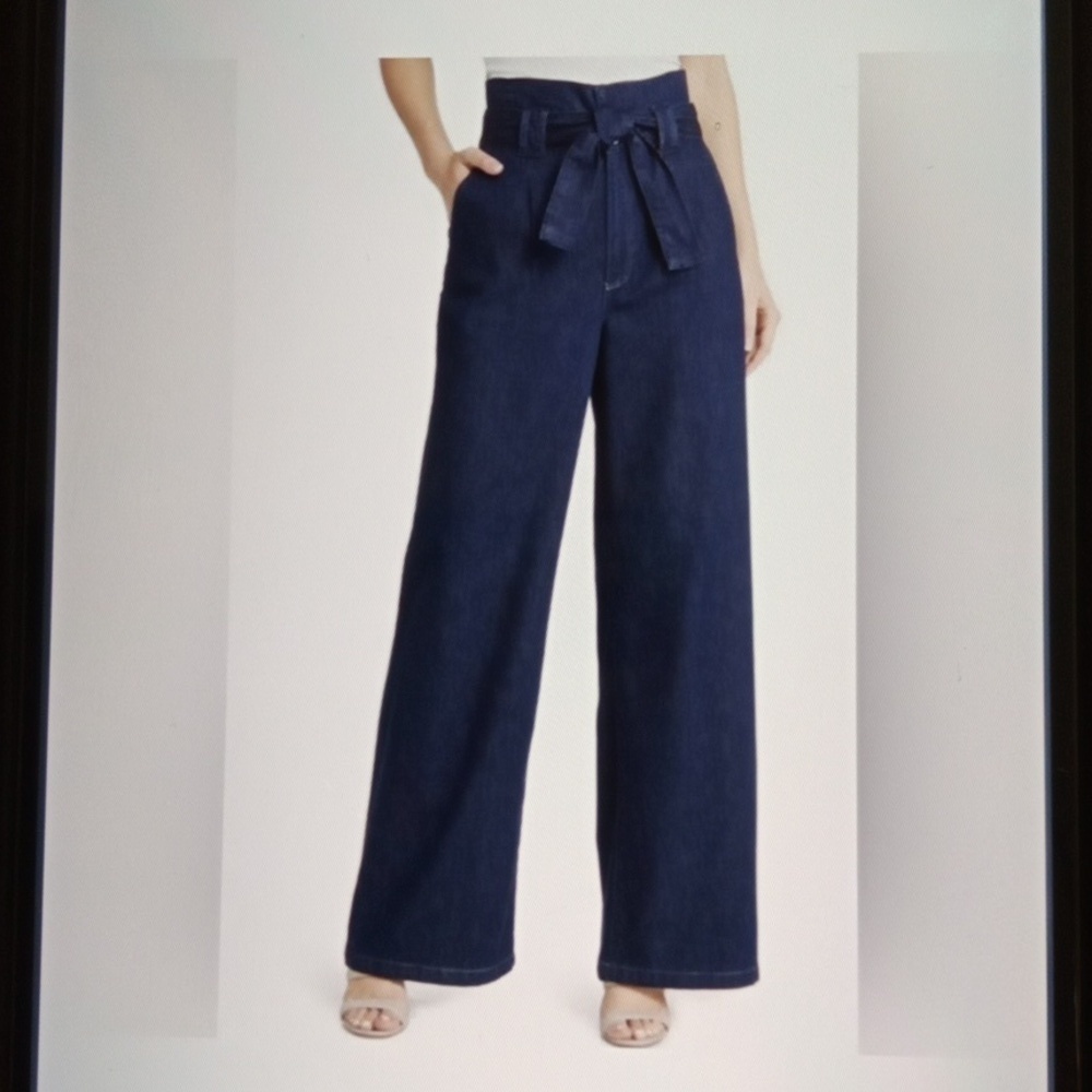 PAIGE Harper High Rise Wide Leg Belted Dark Baltimore Wash Size 28